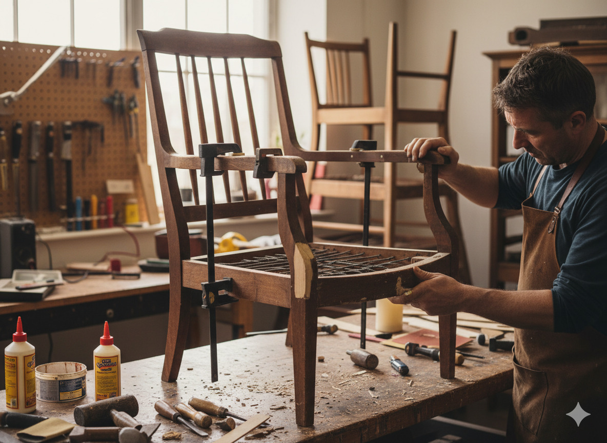 Wooden chair with repair work in progress